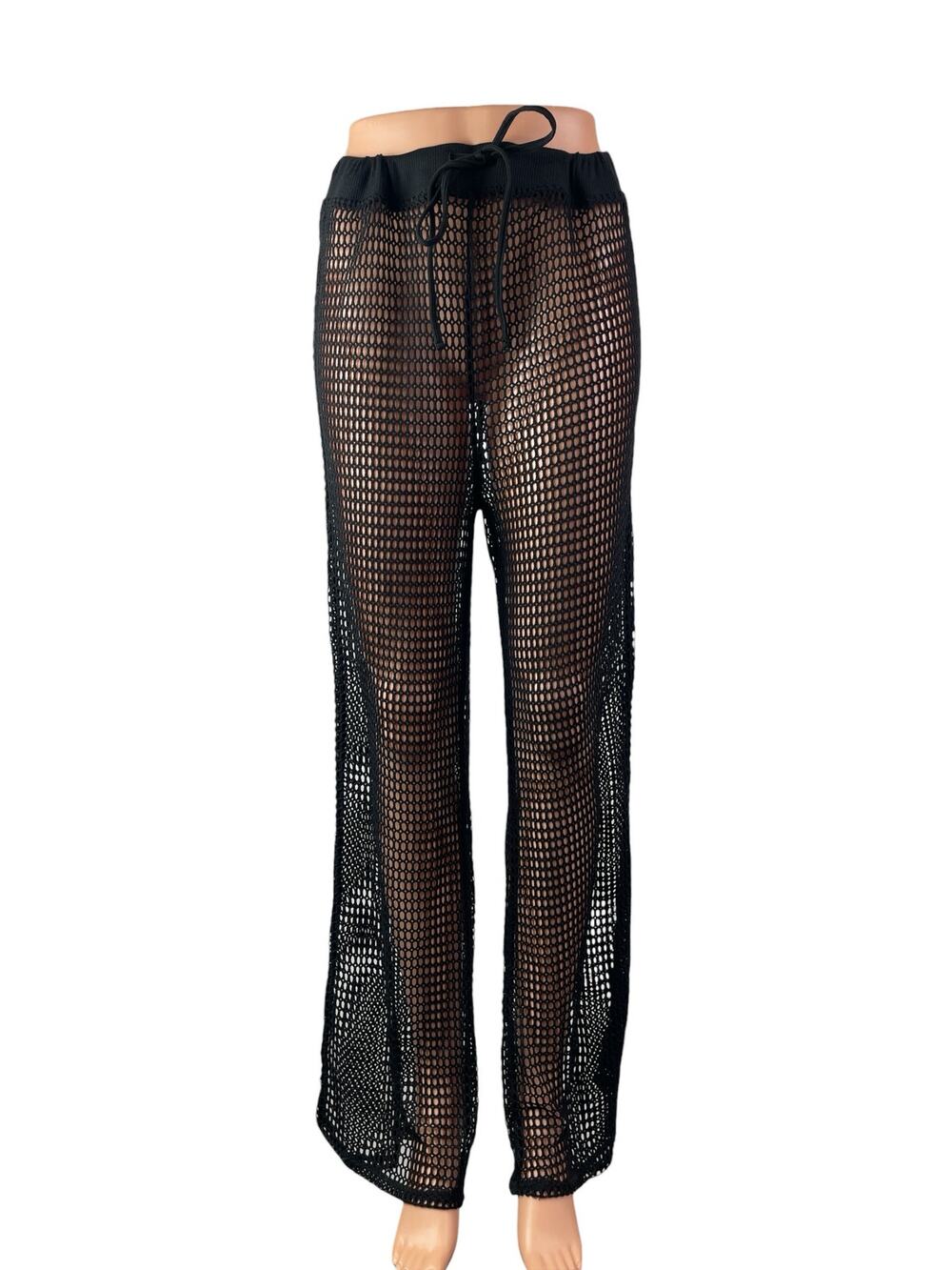 Shade & Shore Women's Black Mesh Sheer Crochet High Rise Beach Cover Up Pants M